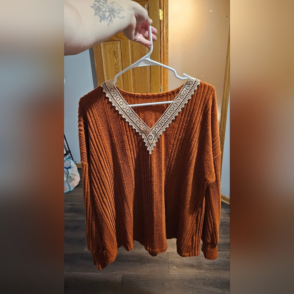 Rust Orange Sweater with Lace Trim